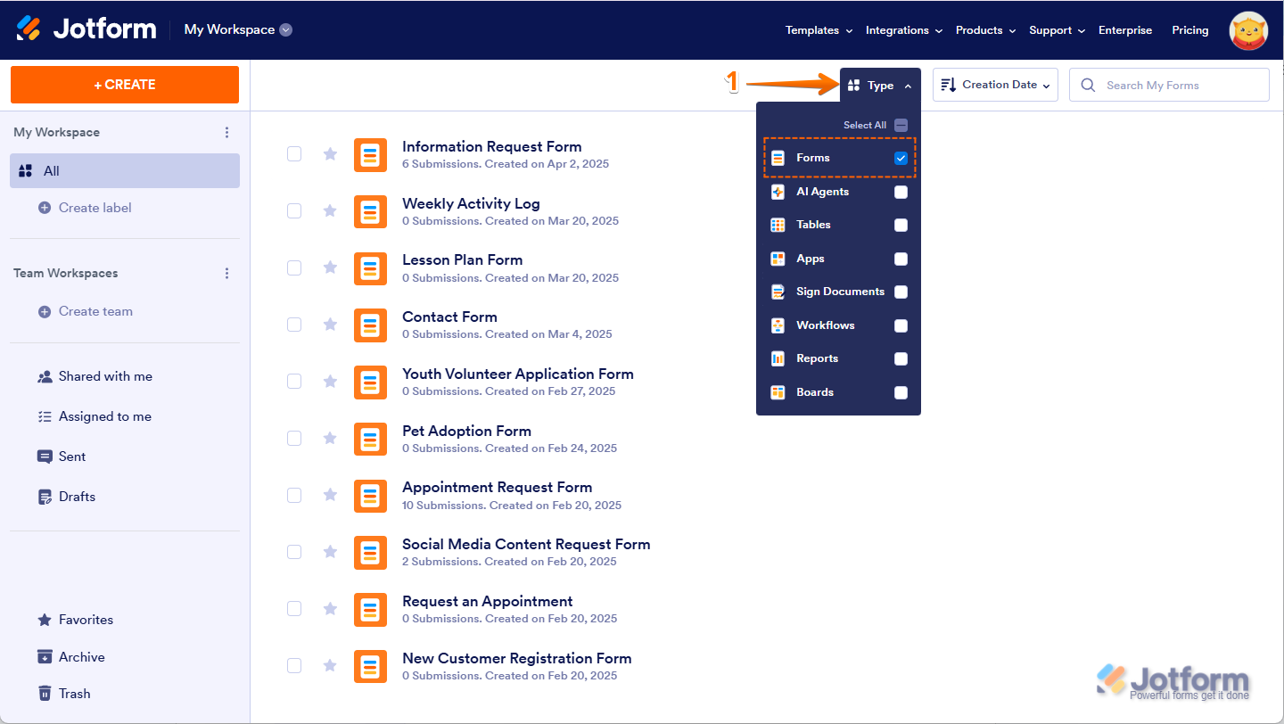 Filtering assets by clicking the Type dropdown on the My Workspace page and selecting only Forms in Jotform