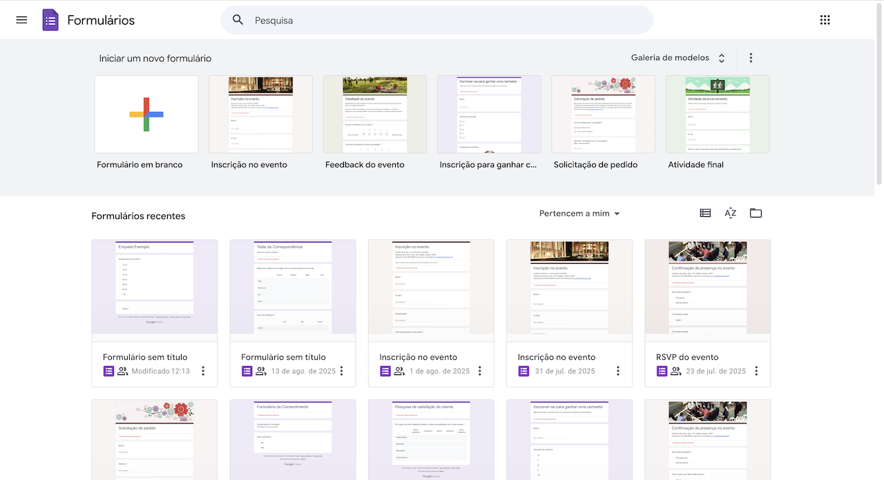 Página inicial do Formulários Google