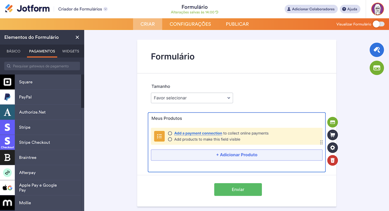 Adicionando uma integração de pagamento ao formulário no Criador de Formulários Jotform