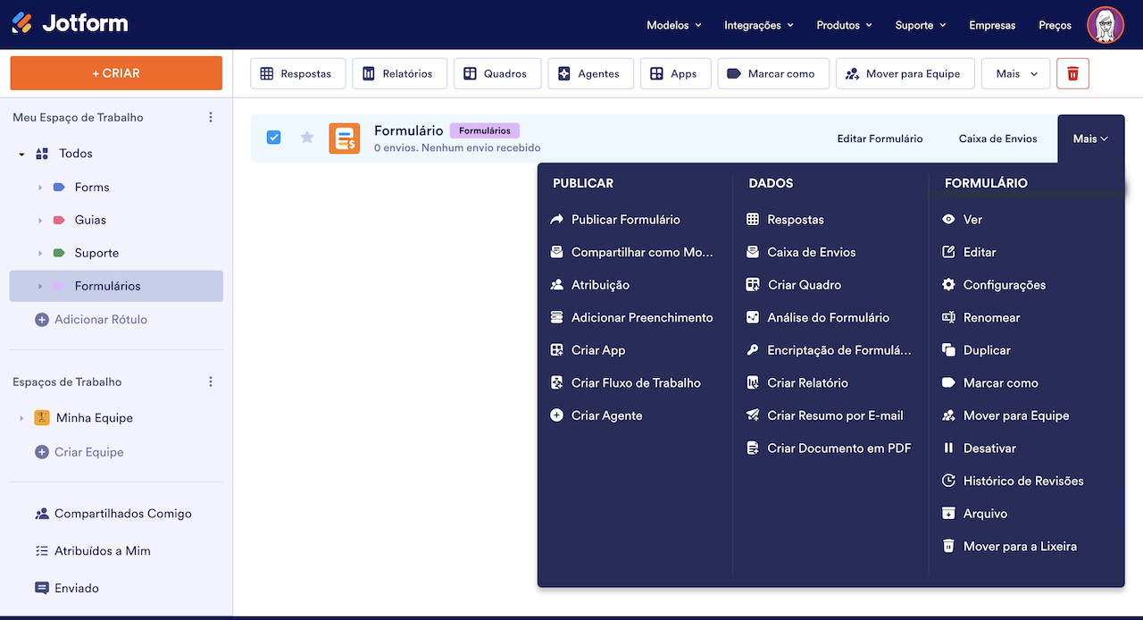 Painel Meus Formulários no Criador de Formulários Jotform clicando em Mais