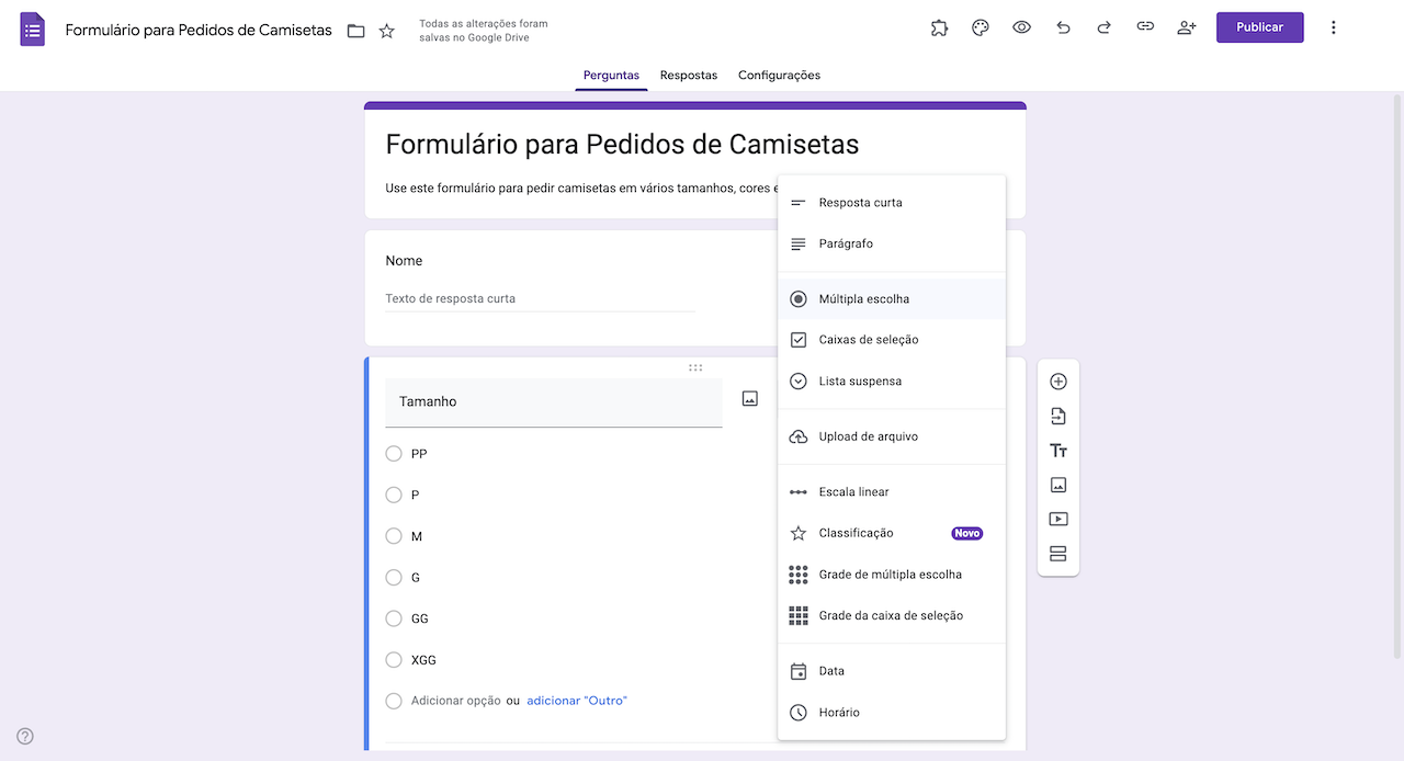Selecionando Múltipla Escolha entre os tipos de pergunta no Formulários Google