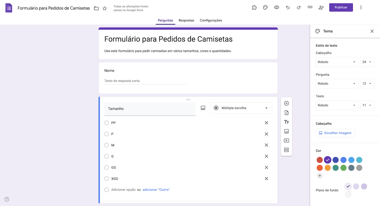 Personalizando a aparência do formulário no Formulários Google