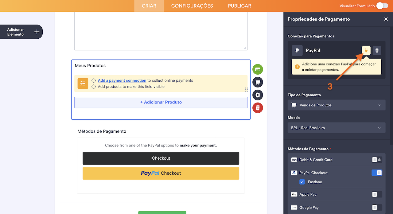 Clicando no ícone de tomada para conectar ao PayPal