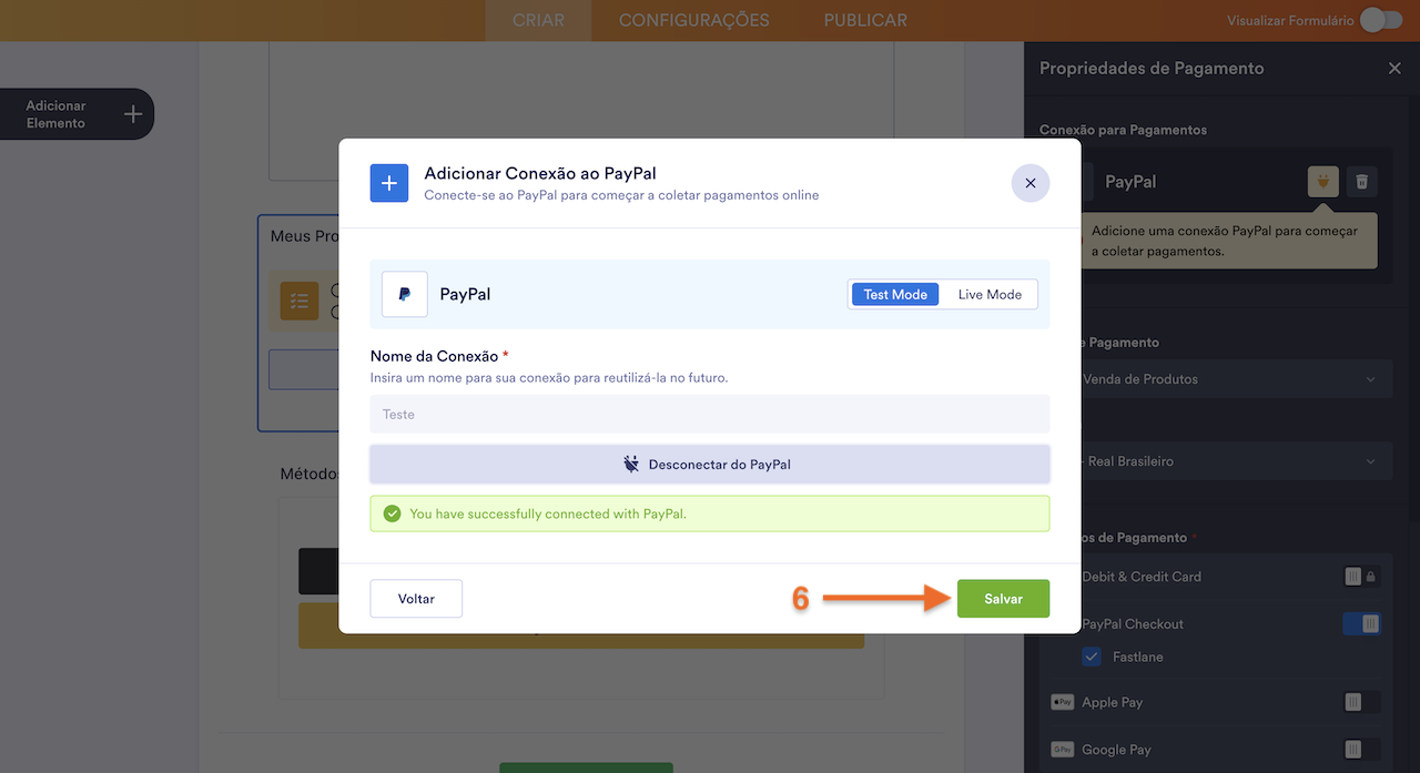 Conectado com sucesso, clicando em Salvar