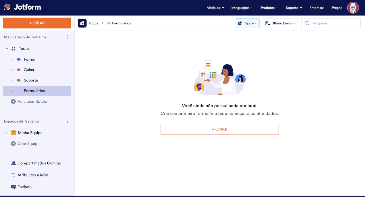 Painel Meu Espaço de Trabalho da Jotform