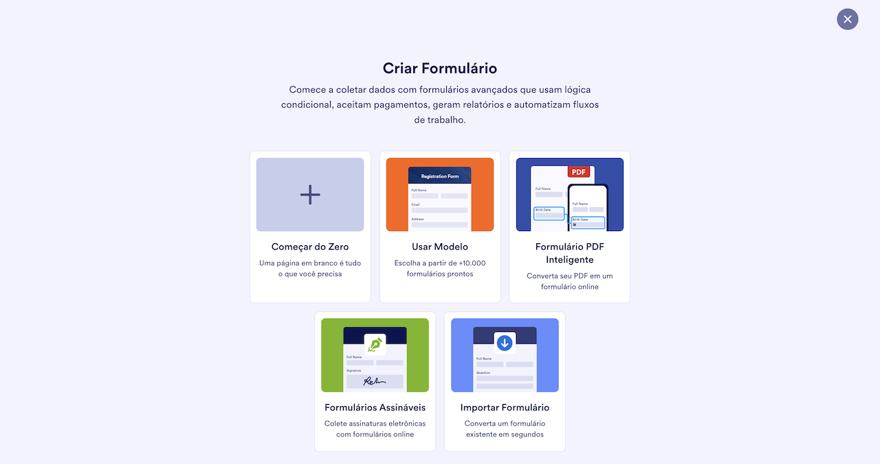 Página de criação de formulários do Criador de Formulários Jotform