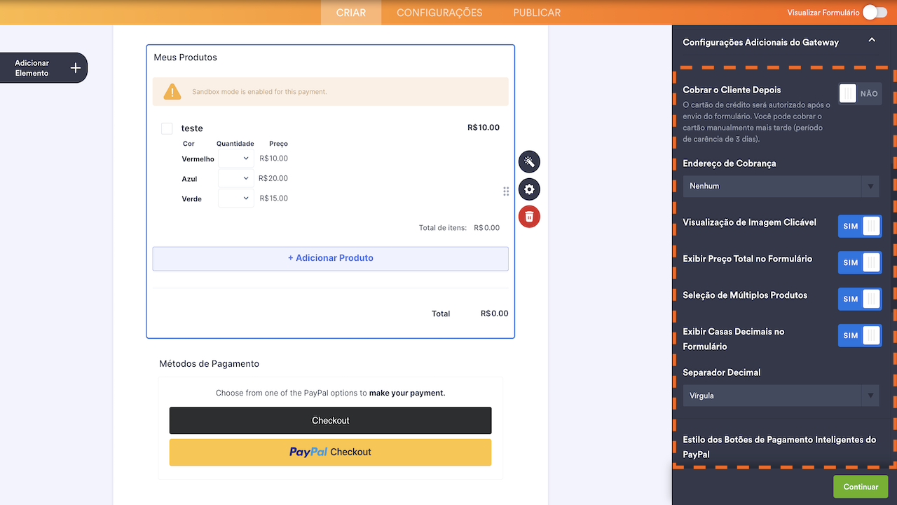 Configurações adicionais do gateway