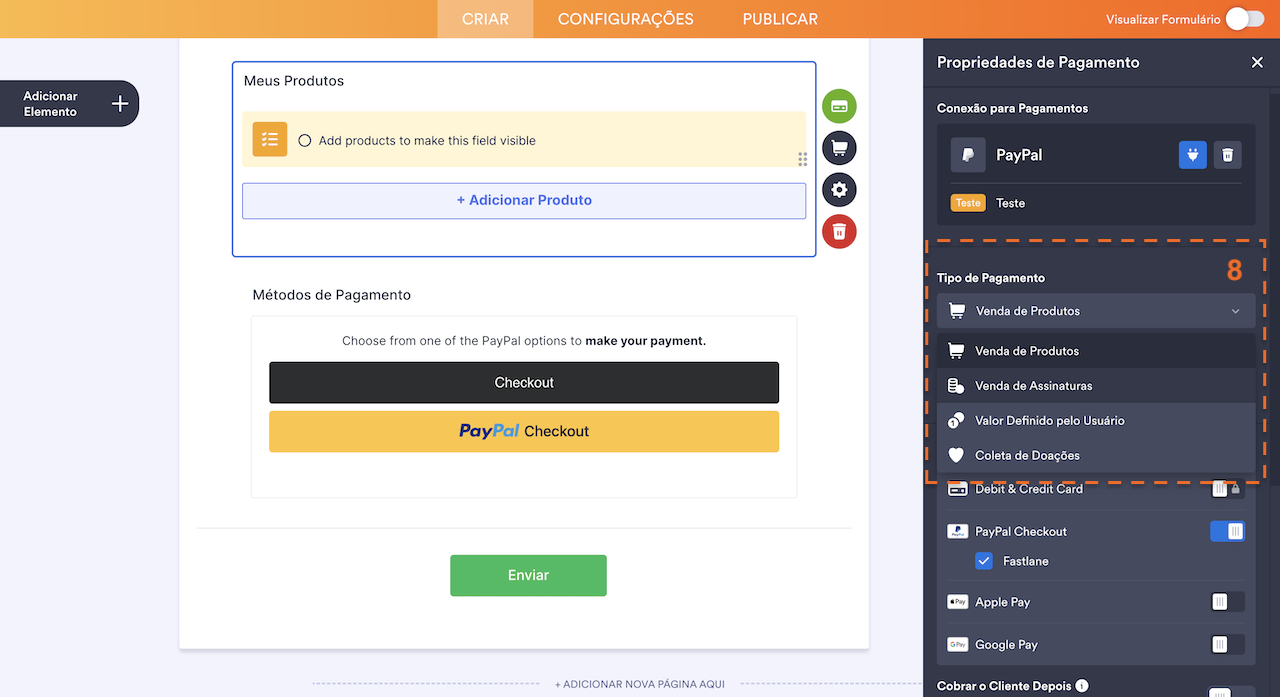 Tipos de pagamento disponíveis