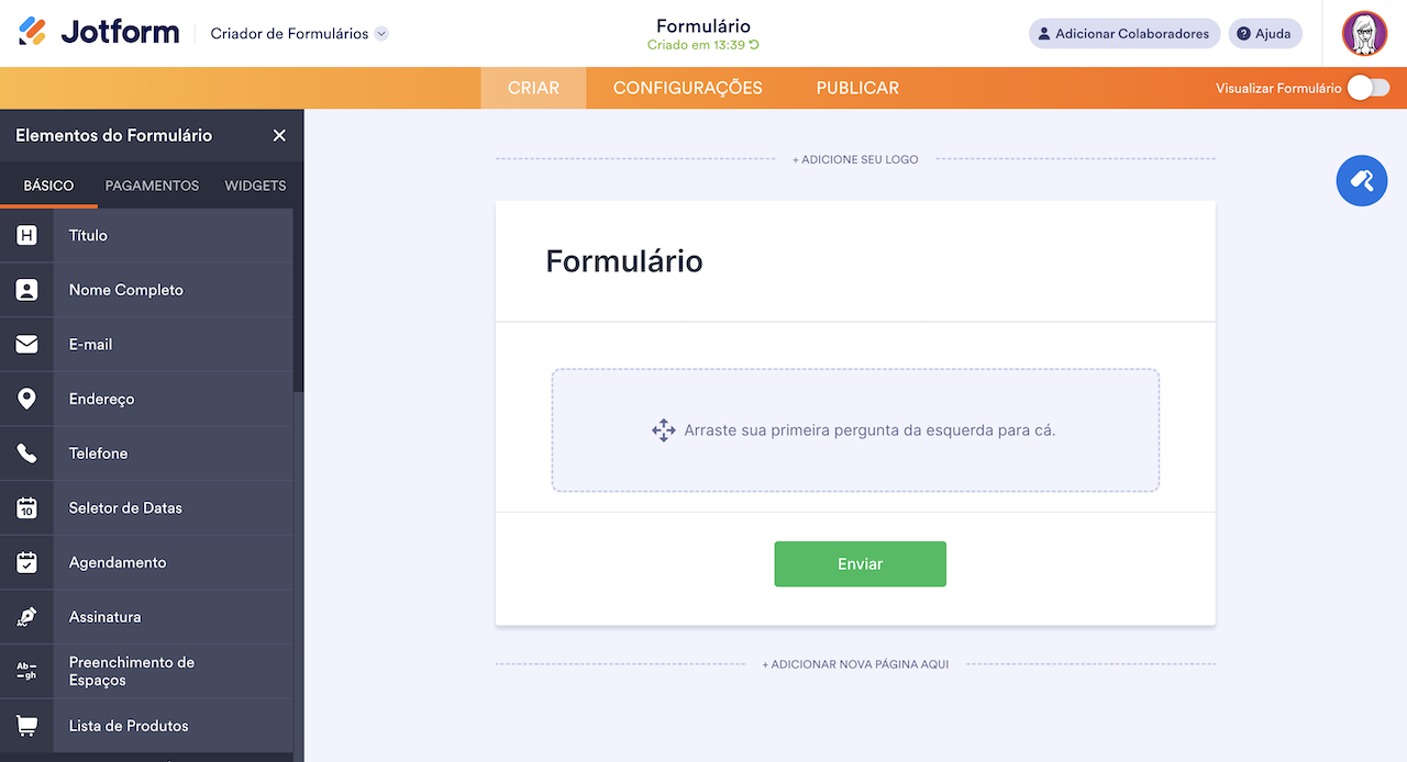 Exibindo Elementos do Formulário no Criador de Formulários Jotform