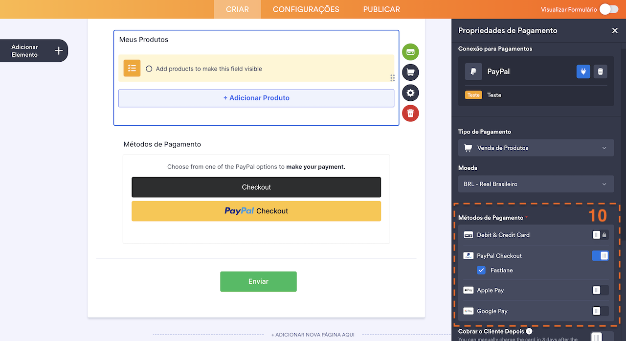 Métodos de pagamento disponíveis na integração