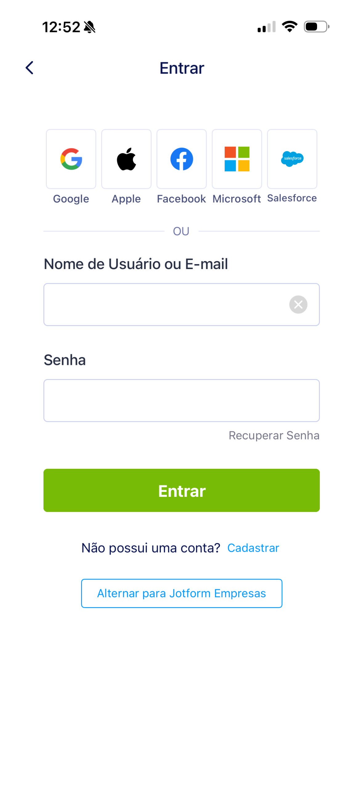 Captura de tela móvel de uma página de login oferecendo múltiplas opções de login e campos para nome de usuário ou e-mail e senha