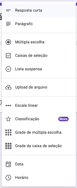 Tipos de perguntas no Formulários Google