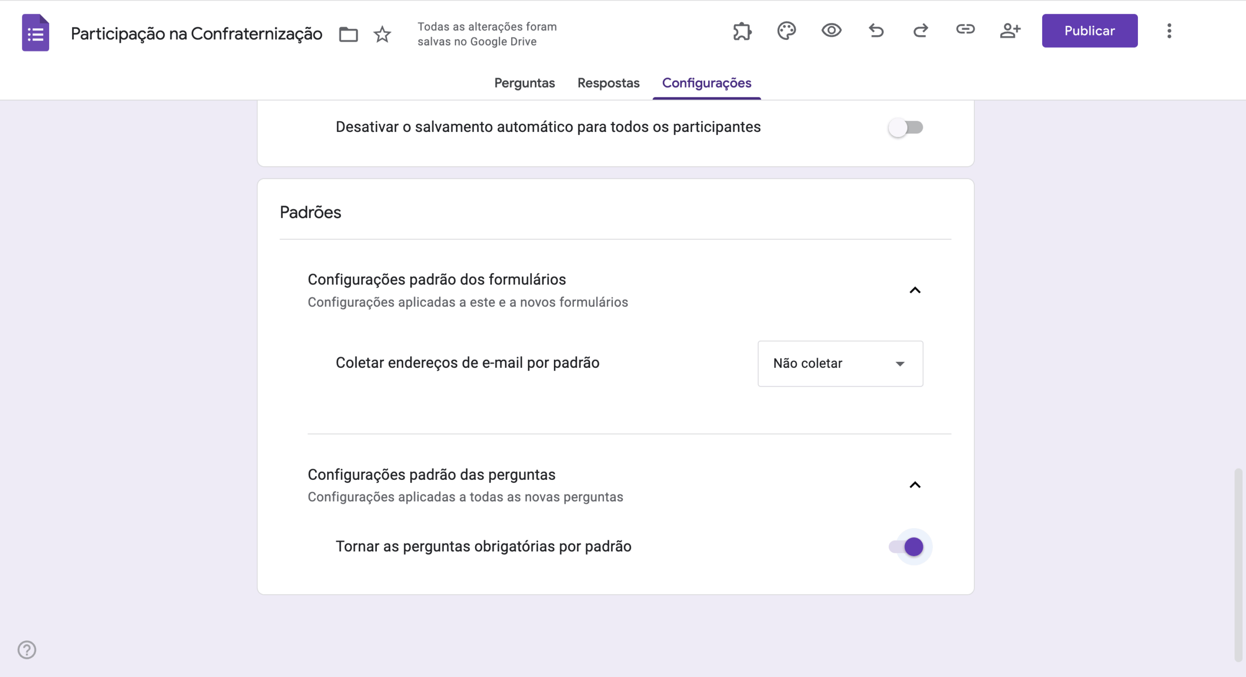Interface de configurações de Padrões do formulário no Formulários Google