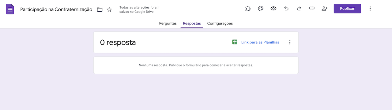 Interface de Respostas do formulário no Formulários Google