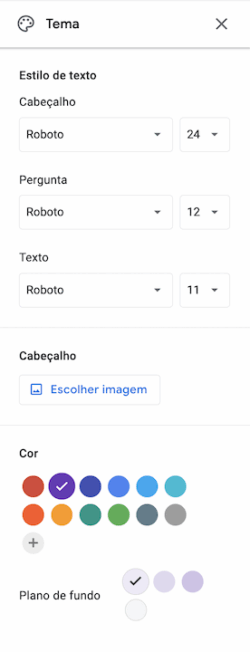 Interface de tema do Formulários Google