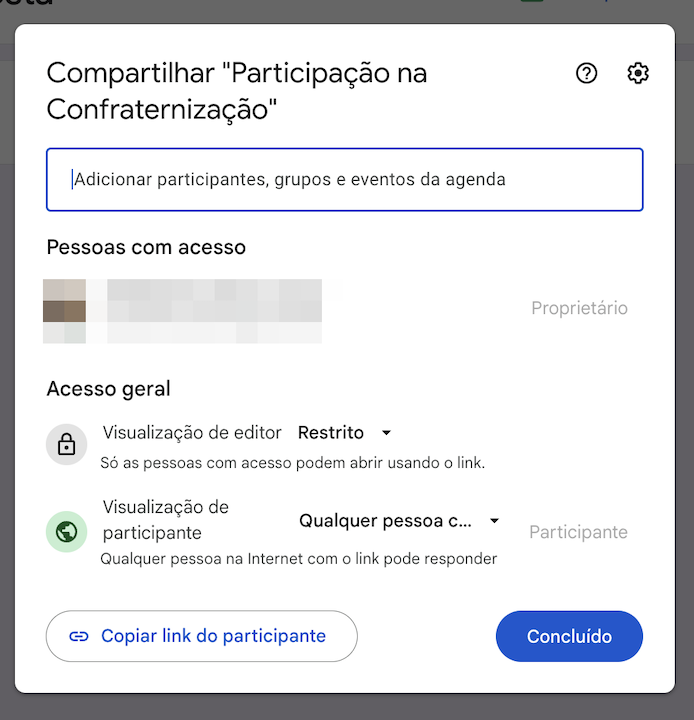Opções de compartilhamento do Formulários Google
