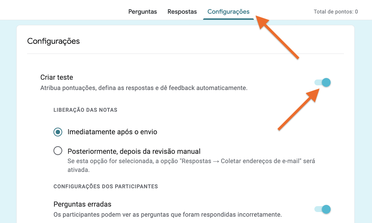 Captura de tela mostrando o menu de configurações em um formulário do Google