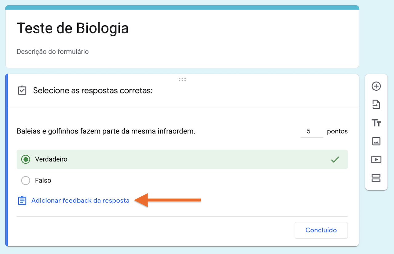 Captura de tela mostrando a opção "Adicionar feedback da resposta" no canto inferior esquerdo da seleção do gabarito