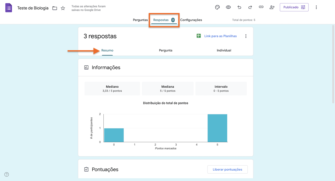 Captura de tela da aba Respostas no teste de biologia
