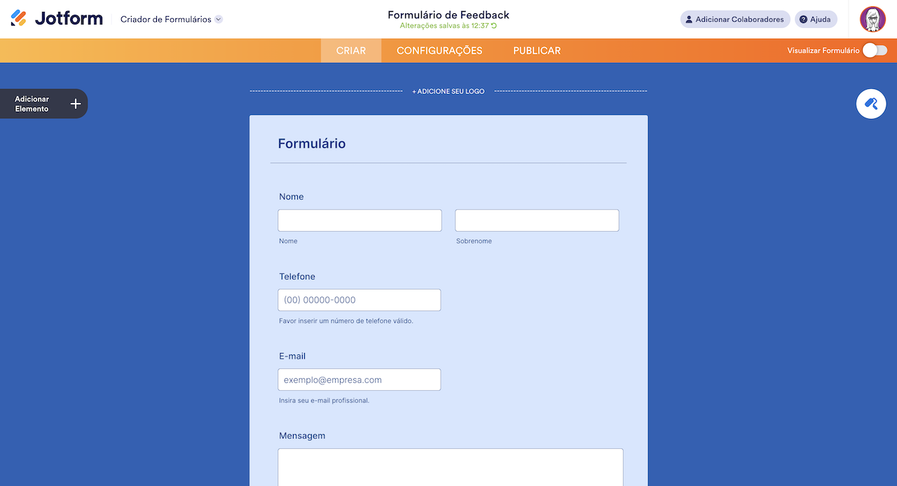 Formulário de Feedback no Criador de Formulários Jotform
