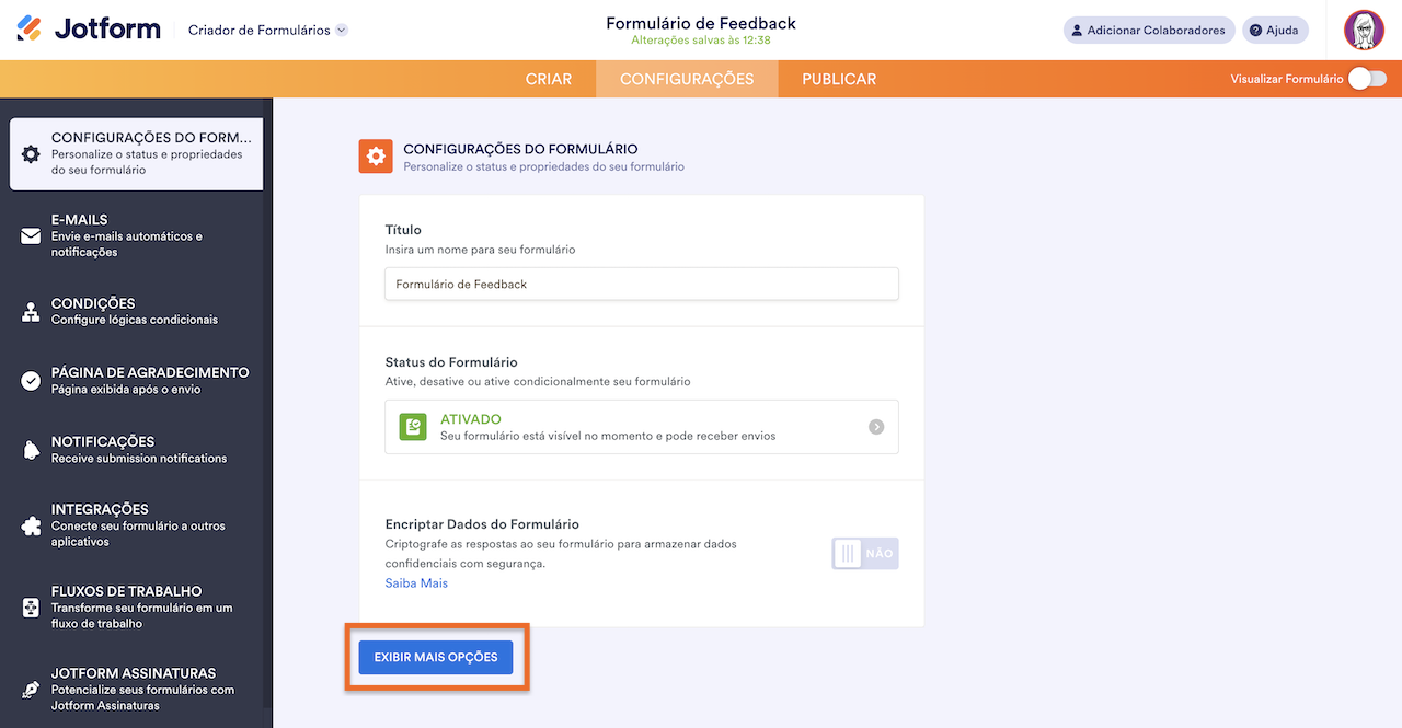 Página de Configurações do formulário no Criador de Formulários Jotform clicando em Exibir Mais Opções