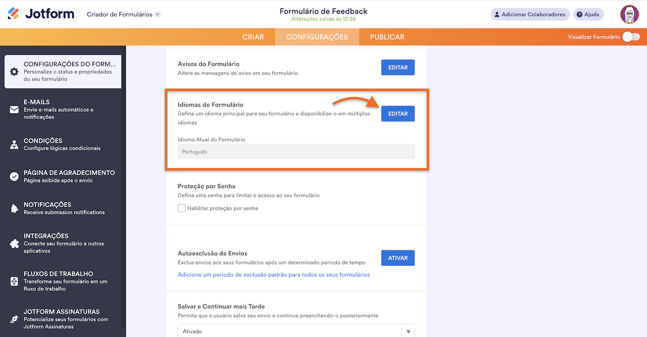 Página de Configurações do formulário no Criador de Formulários Jotform clicando em Editar na seção de Idiomas do Formulário