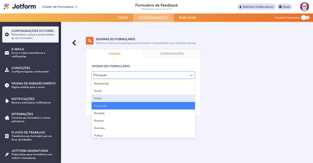 Escolhendo o Idioma do Formulário nas Configurações do formulário