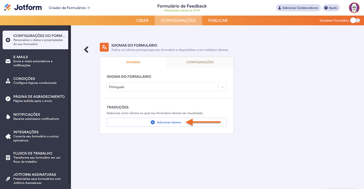 Clicando no botão Adicionar idioma na seção de Traduções