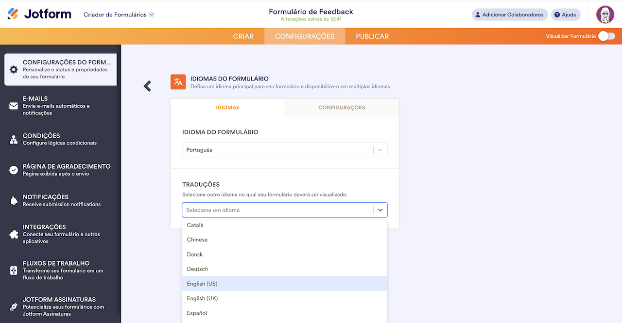 Escolhendo o idioma a adicionar na seção de Traduções