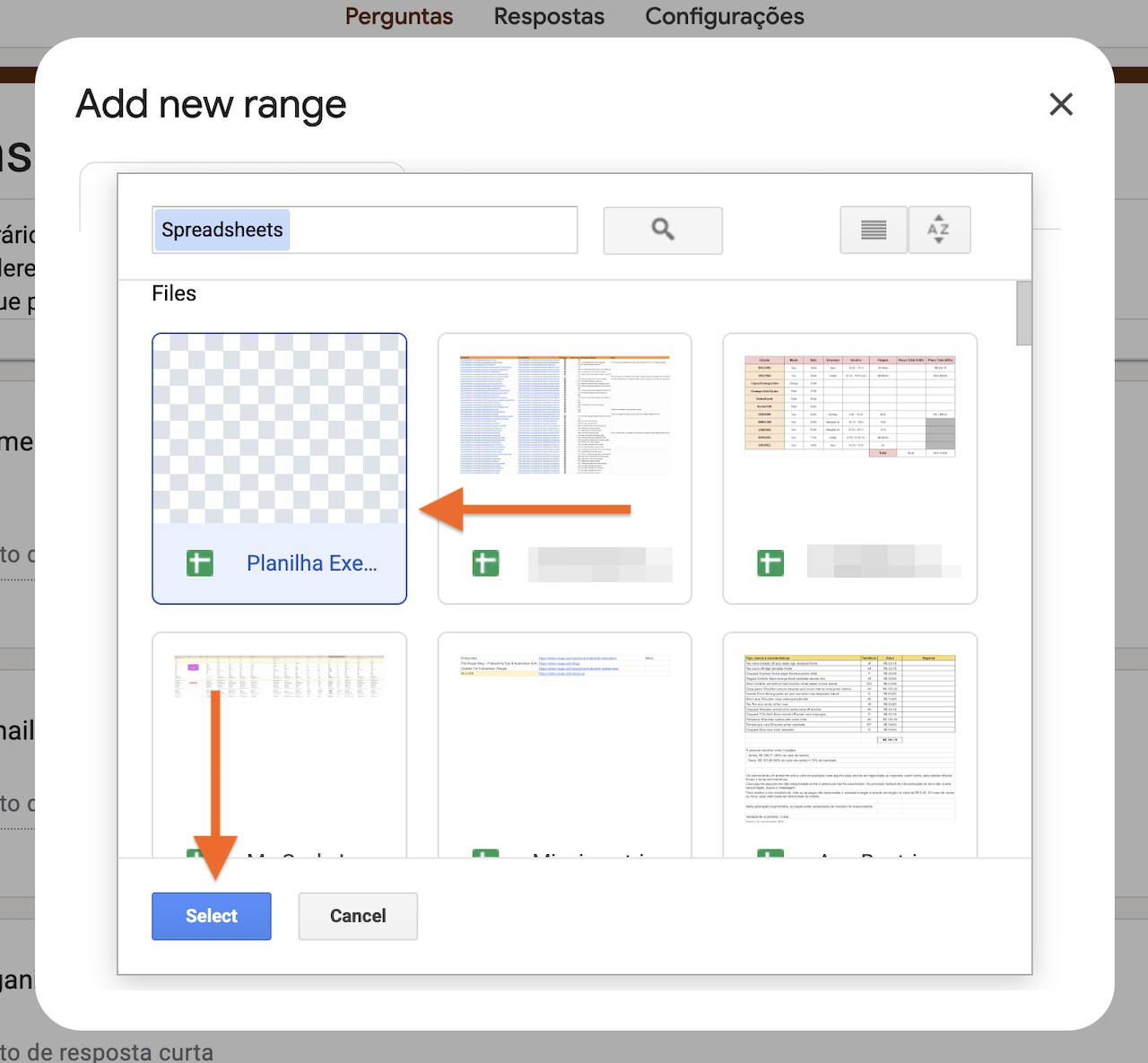 Captura de tela do menu "Add new range" da aplicação Form Ranger, com setas apontando para uma Planilha Google selecionada e o botão "Select"