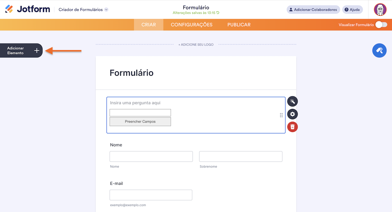 Captura de tela do Criador de Formulários Jotform com uma seta apontando para o botão "Adicionar Elemento" no lado esquerdo da tela