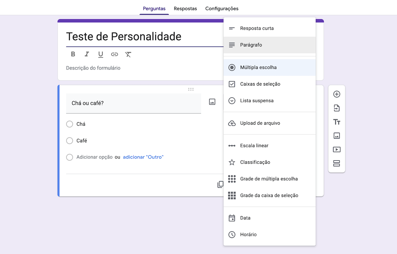Captura de tela de um teste de personalidade no modo de edição, mostrando opções para a pergunta 'Chá ou café?'