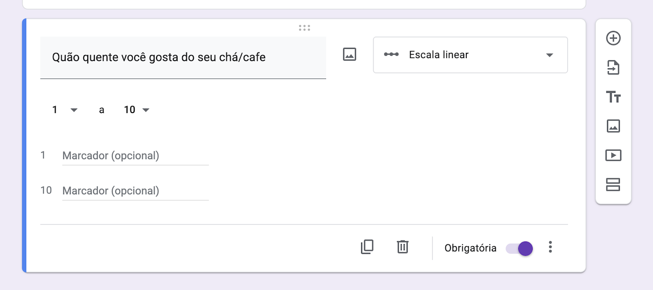 Formulário online mostrando uma pergunta de escala linear 'Quão quente você gosta do seu chá/café?' com uma escala de 1 a 10