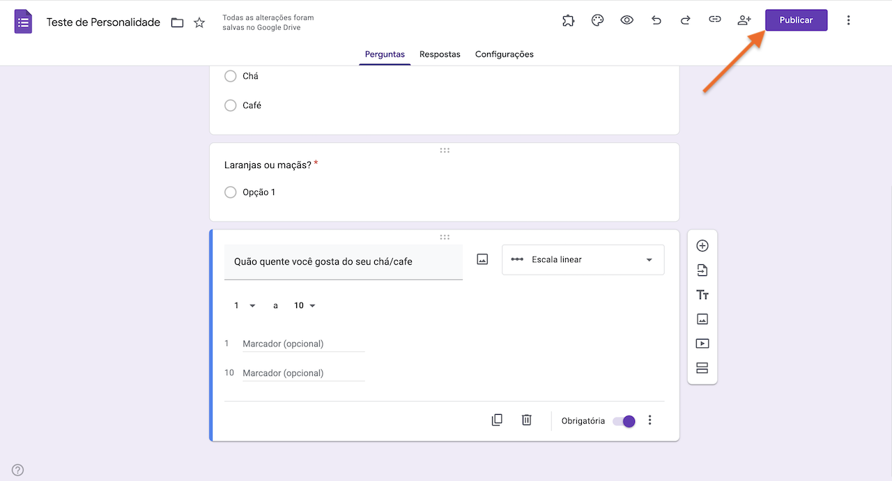 Tela de edição de formulário com o botão 'Publicar' destacado, indicando onde compartilhar o formulário uma vez concluído