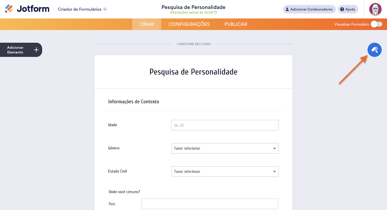 Interface do criador de formulários para uma 'Pesquisa de Personalidade'