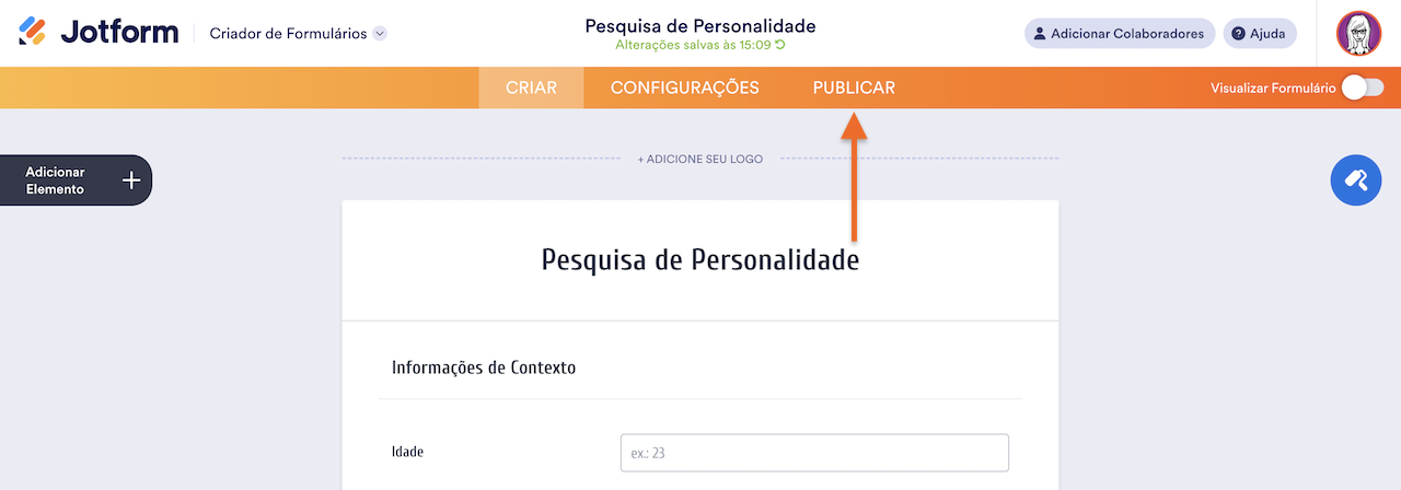 Interface do criador de formulários com a guia 'Publicar' destacada, indicando onde compartilhar o formulário de 'Pesquisa de Personalidade' assim que estiver pronto