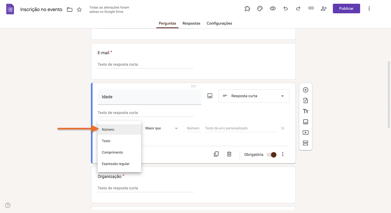 Captura de tela do menu suspenso das opções de validação de respostas no Formulários Google: número, texto, comprimento e expressão regular
