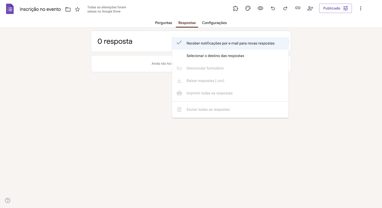Selecionando a opção "Receber notificações por e-mail para novas respostas" na aba Respostas no Formulários Google
