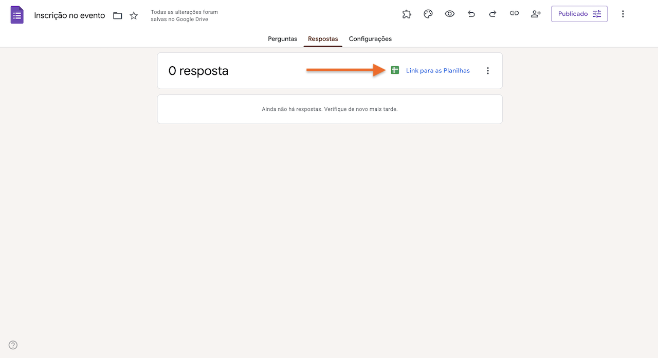Clicando na opção "Link para as Planilhas" na aba Respostas do Formulários Google