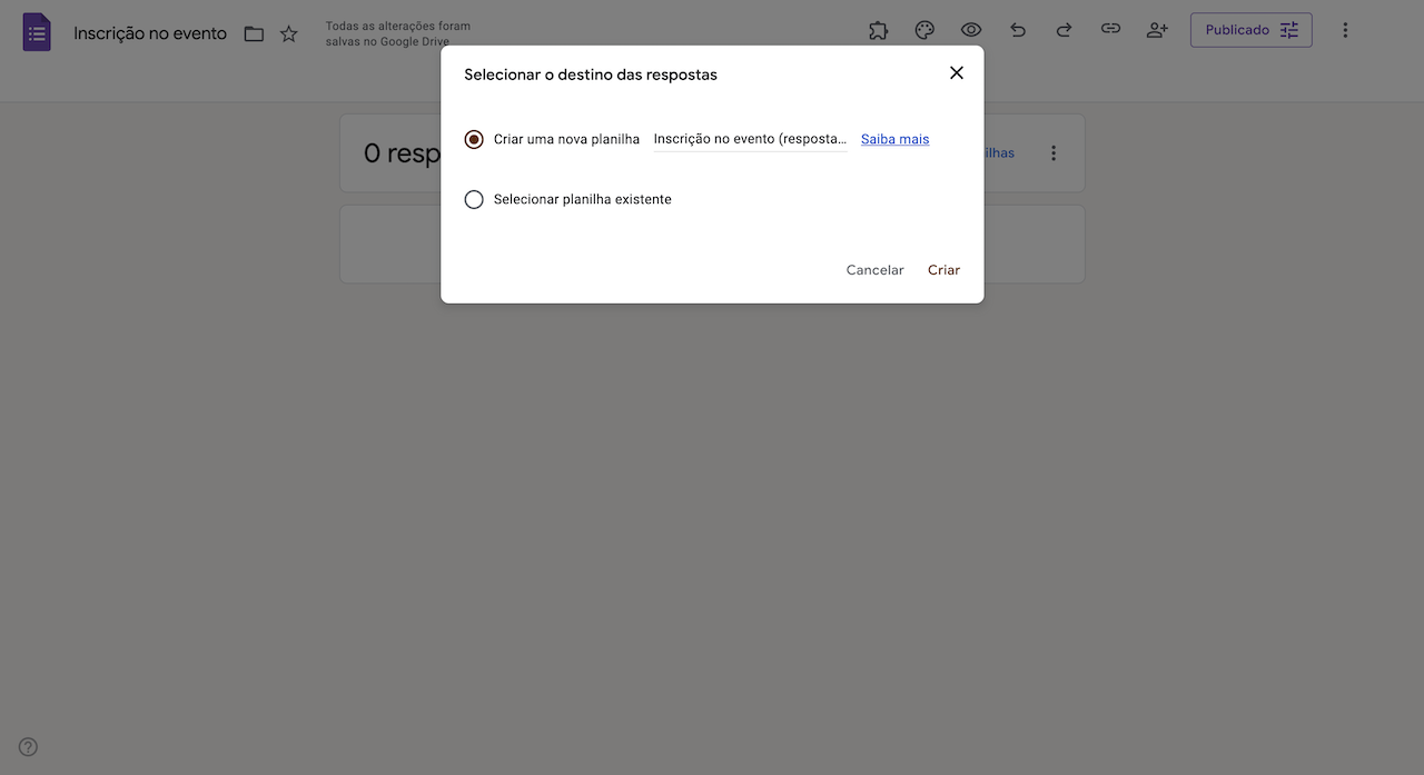 Selecionando a planilha para o destino das respostas no Formulários Google