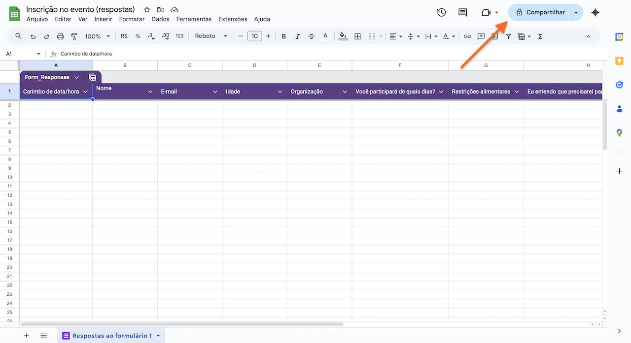 Clicando no botão Compartilhar no Planilhas Google