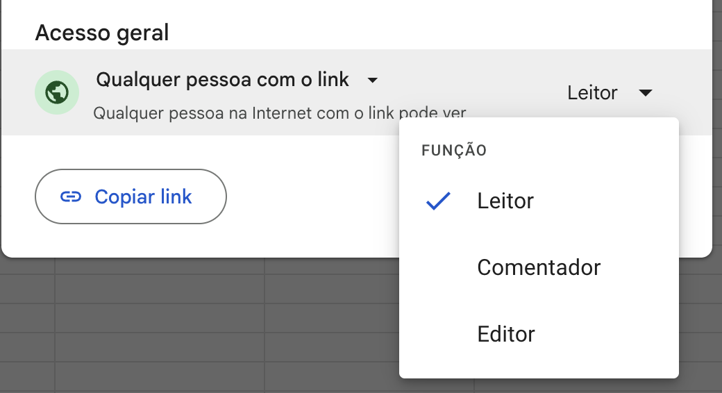 Definindo a permissão de indivíduos na seção de acesso geral no Planilhas Google