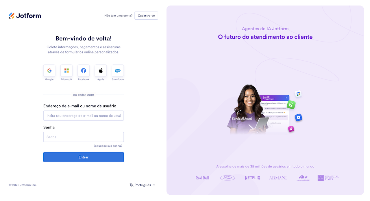Página de login da Jotform