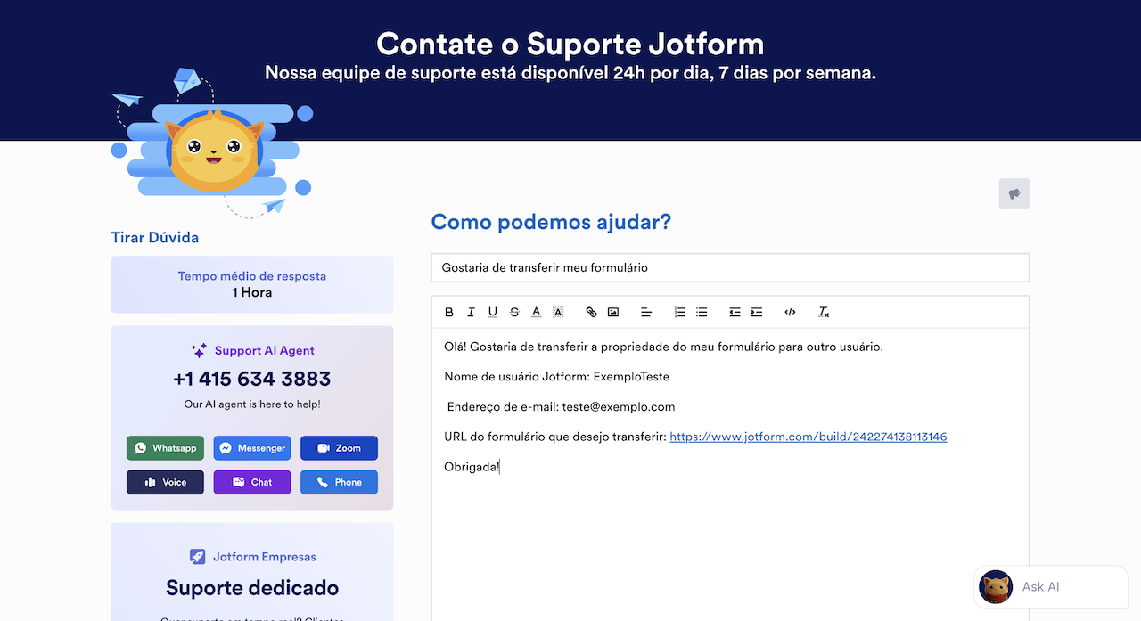 Página de contato com o Suporte Jotform
