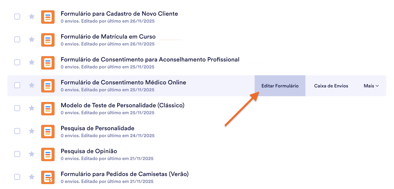 Imagem mostrando um cursor pairando sobre um formulário selecionado e uma opção 'Editar Formulário' sendo selecionada no lado direito da interface