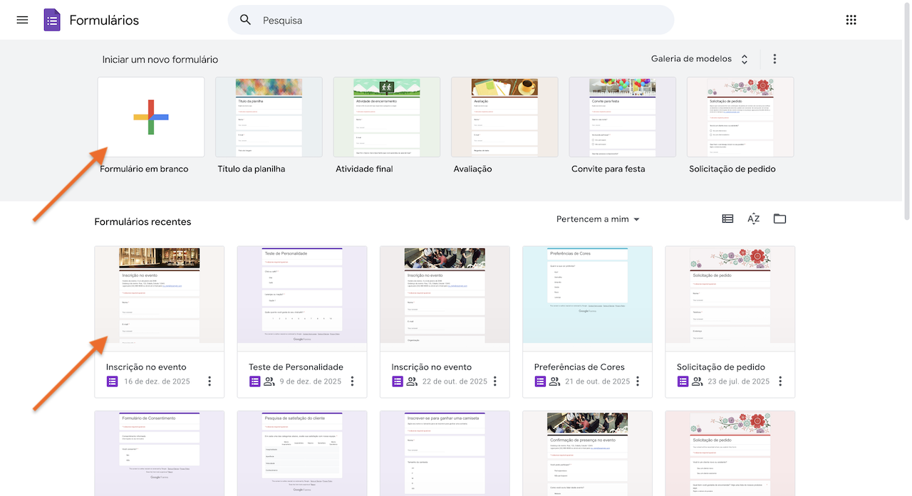 Clicando no botão Formulário em branco no Formulários Google