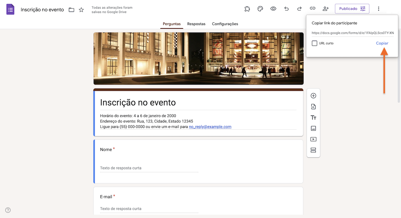 Clicando no botão Copiar na janela 'Copiar link do participante' no Formulários Google