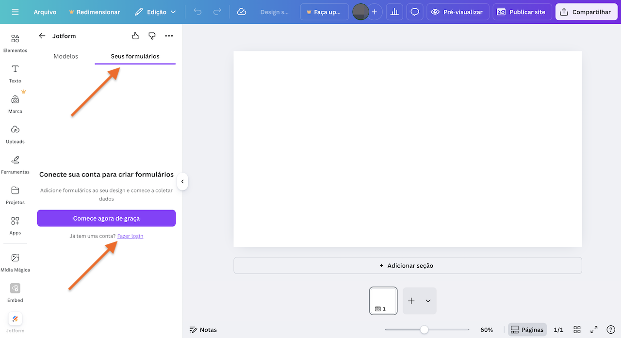 Captura de tela de um site do Canva com o app Jotform aberto à esquerda, com setas apontando para a aba "Seus formulários" e o botão "Fazer login"