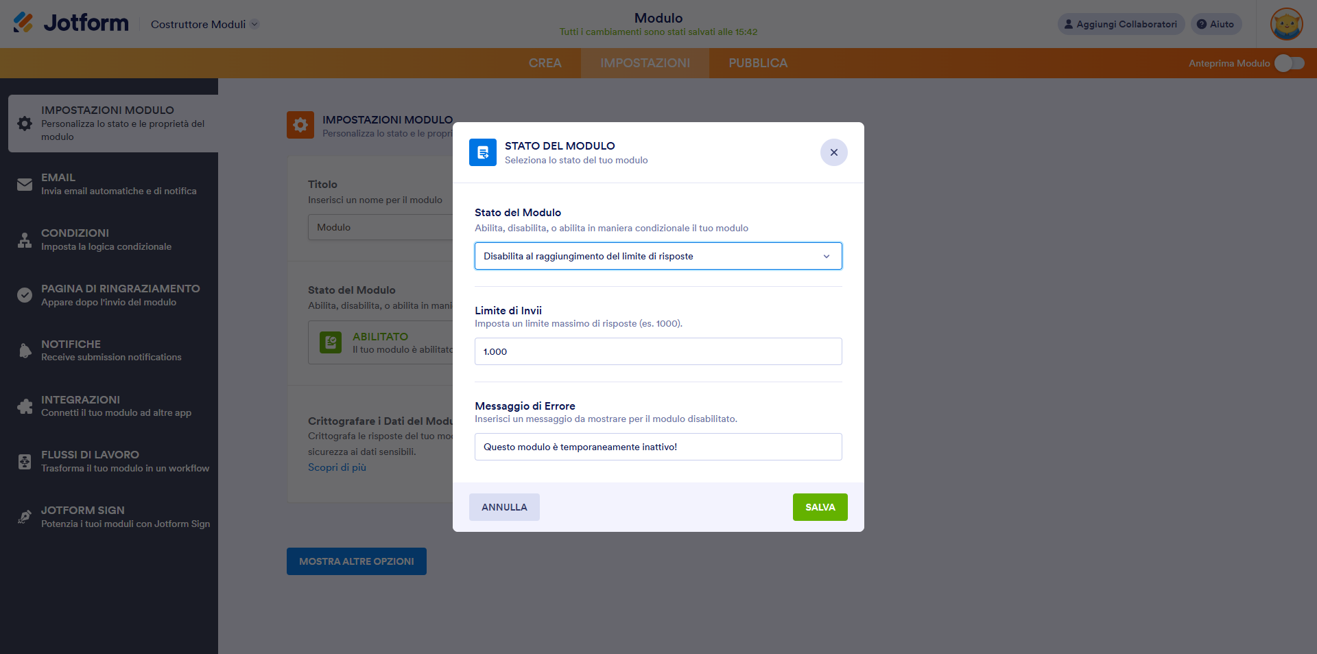 Screenshot che mostra lo Stato del modulo con il messaggio di errore da mostrare quando viene raggiunto il limite massimo di risposte accettate