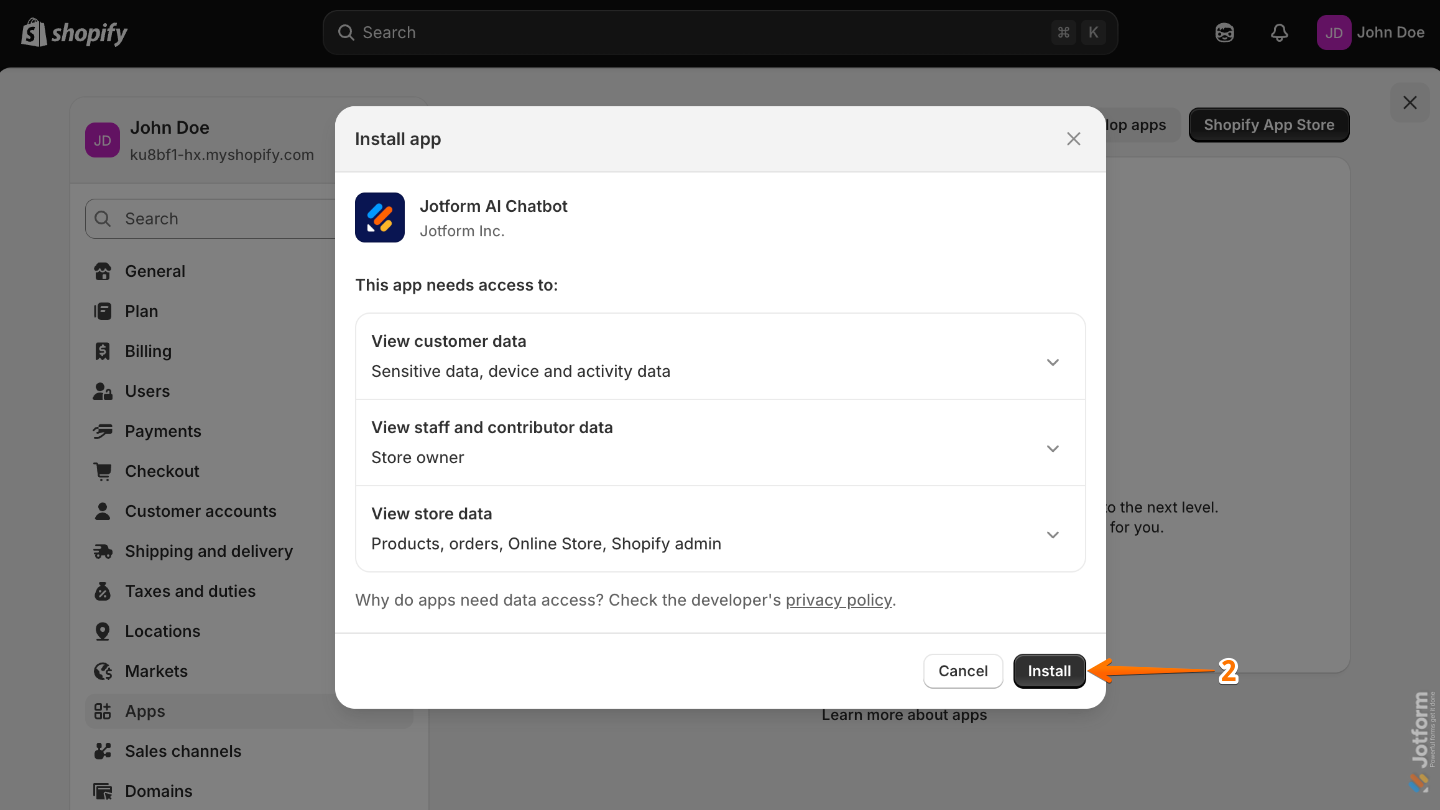 Confirming installation of the Jotform AI Chatbot and Live Chat App in the Shopify Admin Dashboard